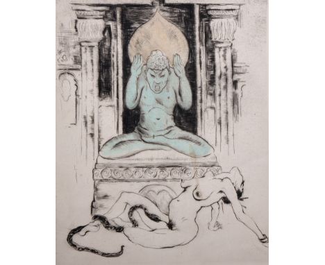 Kurt Meyer-Eberhardt (1895-1977) German. A Naked Lady with A Snake, at the feet of a Buddha, Etching, Signed in Pencil, Unfra