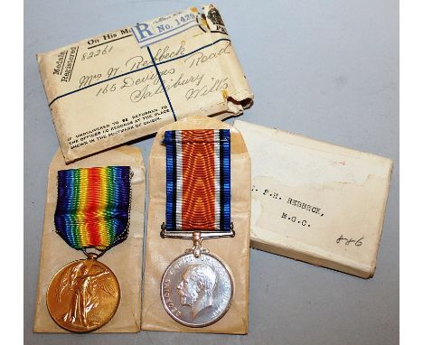 TWO FIRST WORLD WAR MEDALS, 82261 PTE. F. H. REBBECK M.G.C., with ribbons, in original envelopes and registered box to MRS N.