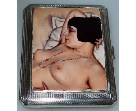 AN ENGINE TURNED CIGARETTE CASE, Birmingham 1922, set with a nude picture.