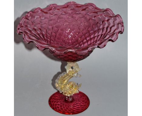 A VENETIAN RUBY GLASS SWEETS BOWL with dolphin support. 8ins high.