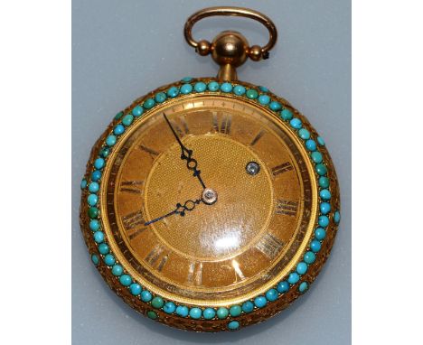 A GOOD 18CT GOLD AND TURQUOISE FRENCH POCKET WATCH with engine turned dial, the case surrounded by turquoise seed pearls, flo