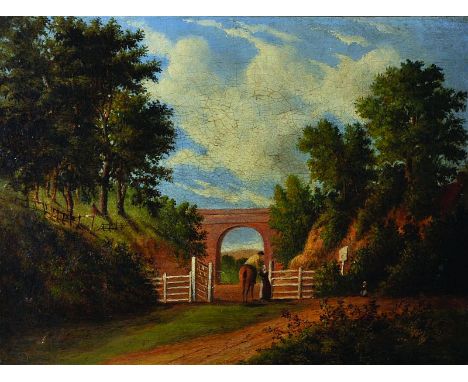 19th Century English School. Figures by a Gate, with a Bridge beyond, Oil on Canvas, Indistinctly Signed, 9” x 12”