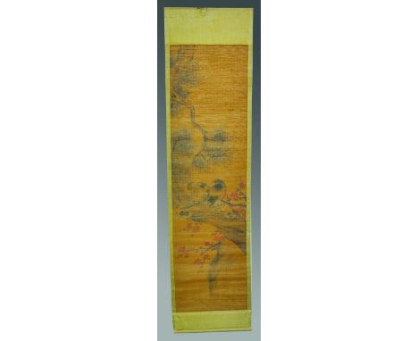 A 20TH CHINESE HANGING SCROLL PAINTING ON WOVEN BAMBOO, depicting birds perched on a blossoming branch, within a silk mount, 