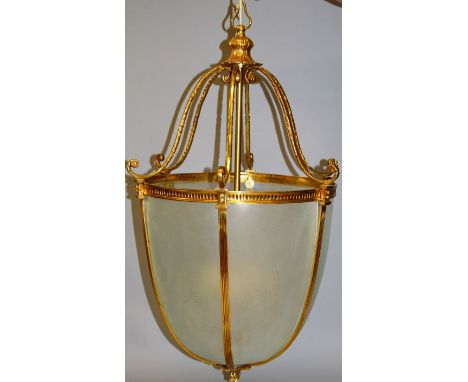 A GOOD LARGE GEORGIAN DESIGN BRASS HALL LANTERN, of domed form with six cut and frosted glass panels.3ft 0ins high x 1ft 10in