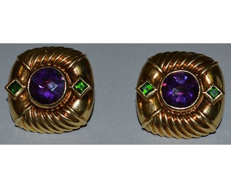 A LARGE PAIR OF 18ct GOLD, AMETHYST AND EMERALD SET EARRINGS.