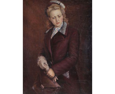20th Century Russian School. Portrait of a Woman, in a Burgundy Coat, Oil on Canvas, Unframed, 39” x 29”