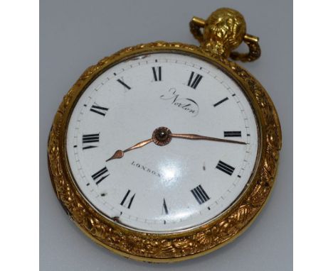 A GENTLEMAN’S LARGE 18TH CENTURY GILT VERGE POCKET WATCH by NORTON, LONDON, with black and white enamel dial. 2.25ins diamete