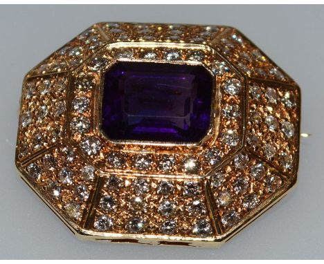 A LARGE YELLOW GOLD, AMETHYST AND DIAMOND BROOCH.