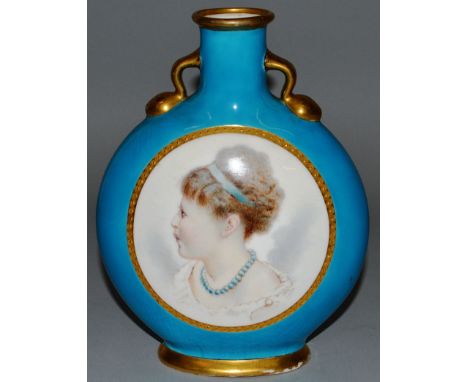 A LATE 19TH CENTURY MINTON MOON FLASK painted with the portrait of a girl in gilt panel on a blue Celeste ground.