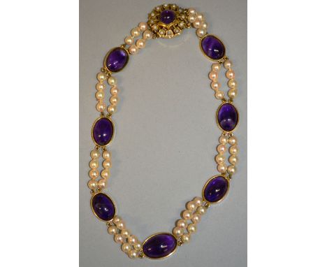 AN 18ct GOLD, AMETHYST AND PEARL NECKLACE.