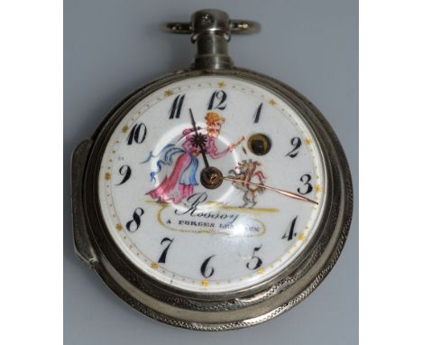 AN 18TH CENTURY FRENCH SILVER VERGE POCKET WATCH by MOSSOY A. FORGES-LES-EAUX with painted white enamel dial, a lady and a do