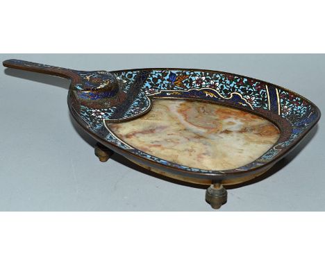 A 19TH CENTURY FRENCH MARBLE AND CHAMPLEVE ENAMEL DISH with inset marble and carrying handle. 12ins long.