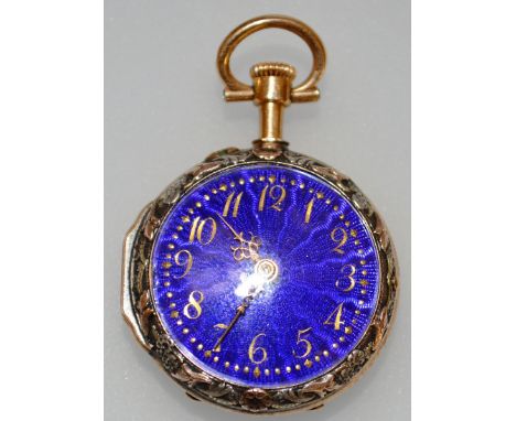 A MINIATURE GOLD AND BLUE ENAMEL FOB WATCH.