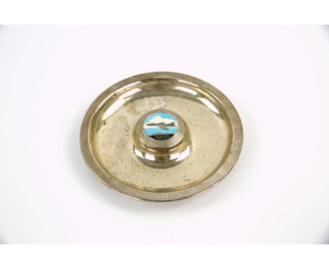 Silver and enamel dish with aviation interest featuring the Hunter Airforce Jet by J and S Birmingham, 1956. 107 grams .   