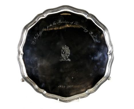 Edward VIII silver salver, by William Hutton &amp; Sons Ltd, Sheffield 1936, the scalloped circular reeded border, on three s