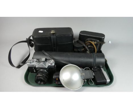 A Tray Containing Various 35mm Cameras, Lenses, Flash Guns, Light Meters etc 