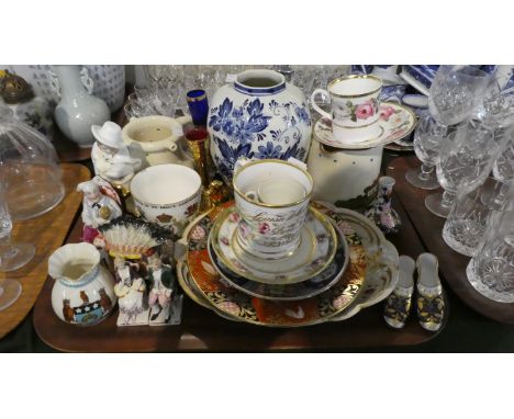 A Tray of Ceramics to Include Goss 'Leeds' Jug, Spode Cobalt Blue and Gilt Shoes, Derby Miniature Vase, Delft Blue and White 