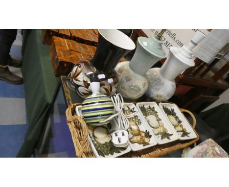 A Collection of Jersey Pottery to Include Three Ceramic Table Lamps, Brown Glazed Vase, Four Dishes in Wicker Carrying Tray 