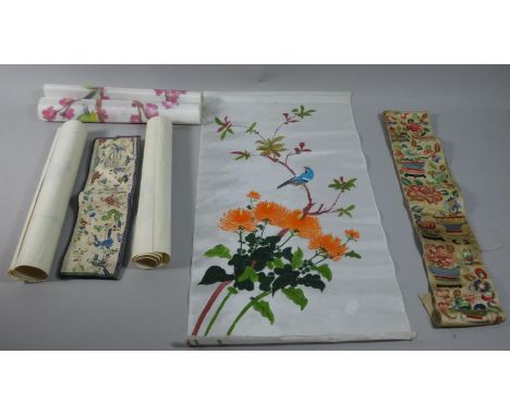 A Collection of Oriental Embroidered and Painted Silks to Include Rectangular Panel in the Famille Verte Pallet Depicting Chi