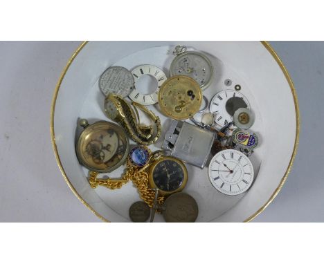 A Small Collection of Pocket Watch Movements, WWII Defence Medal, Wrist Watch and Lighter 