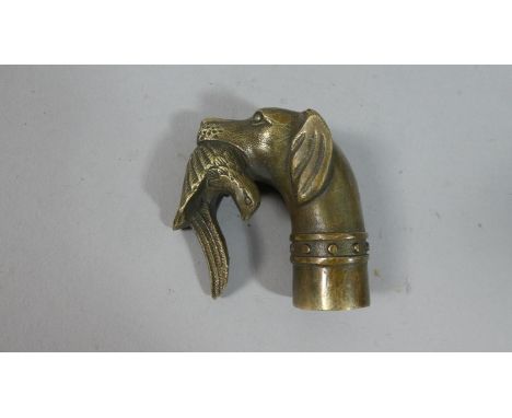 A Bronze Walking Stick Handle in the Form of Gun Dog with Bird, 6.5cm High 