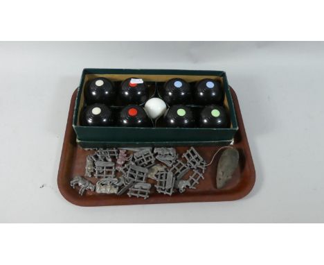 A Boxed Carpet Bowls Game, Tin Plate Schuco Clockwork Mouse and Collection of Lead Flat Farm Animals and Fencing 