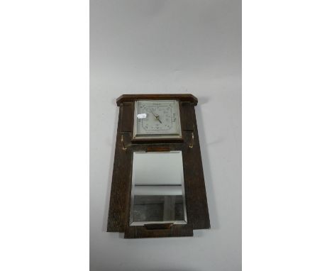 An Art Deco Oak Wall Hanging Hall Barometer with Mirror and Brush Hooks, 15cm High 