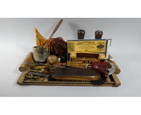 A Wooden Two Handled Tray Containing Box of Danish Candles, Desk Calendar, Carved Wooden Bust, South American Pipe etc 