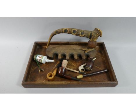 A Hand Made Antler Pipe Stand, Vintage Pipes and a Tray 