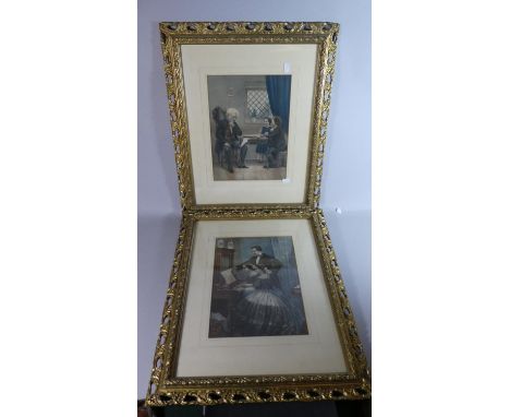 A Pair of Gilt Framed Edwardian Prints Depicting Girls Playing Piano and Children Playing Draughts, Each 60cm High 