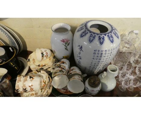 A Tray of Ceramics to Include Part Tea Set, Tiffany &amp; Co. Floral Vase, Chinese Blue and White Vase, Modern Celadon Style 