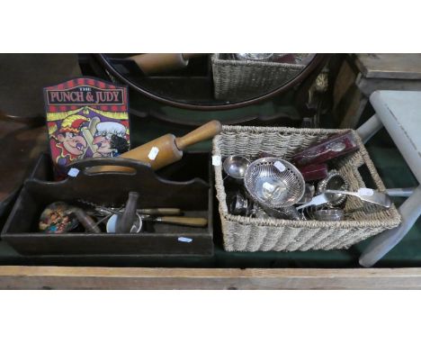 A 19th Century Two Division Knife Box Containing Cork Screws, Rolling Pin, Valentine Box etc Together with Wicker Basket Cont