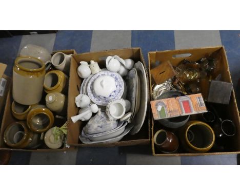 Three Boxes Containing Stoneware Jars, Blue and White Ceramics, Glasswares, Tea Caddy Box, Money Box Etc 