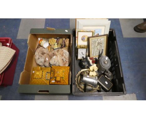 Two Boxes of Various Ornaments, Pictures, Prints, Carriage Clock, Biscuit Barrels etc 