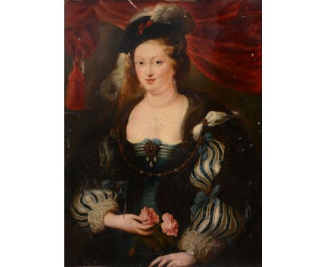 After Sir Peter Paul Rubens (1577-1640) and Studio - Portrait of a lady, half length, in a blue dress with slashed sleeves an