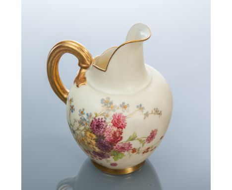 ROYAL WORCESTER FLATBACK JUG
hand-painted with floral scenes, gilt handle and rims, shape number '1094', initialled 'J.C' to 