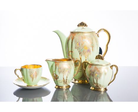 ART DECO CARLTON WARE COFFEE SET
decorated with a gilt and coloured enamel scene of cranes beneath a weeping willow tree next