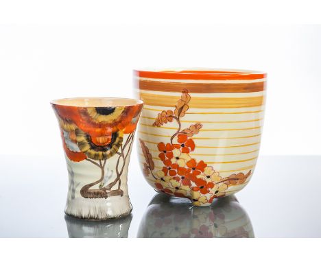 TWO CLARICE CLIFF BIZARRE WARE CERAMICS
comprising a rustic banded tall bowl with floral detail on a cream ground with three 