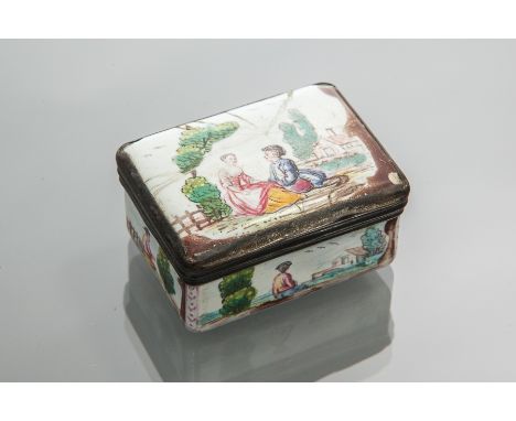 LATE 18TH CENTURY BILSTON ENAMEL SNUFF BOX
panels painted with pastural scenes with figures, the lid with a scene of two love