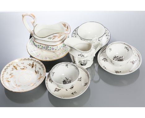 GROUP OF EARLY 19TH CENTURY NEWHALL CHINA
including three pairs of tea bowls and saucers with black repeating floral patterns