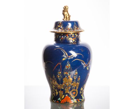 CARLTON WARE FANTASIA PATTERN LIDDED VASE
pattern number '3421', light navy blue ground with long-tailed birds hovering above