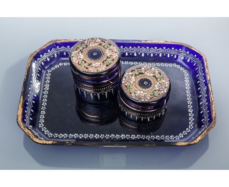 19TH CENTURY BOHEMIAN BLUE GLASS TRAY WITH TWO MATCHING TOILETTE JARS
tray with white enamel beading and gilt border, the two