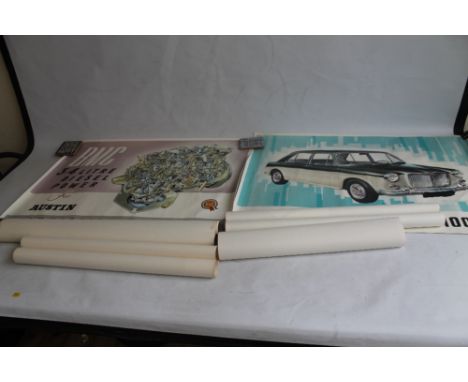 SIX VINTAGE CAR SHOWROOM POSTERS, to include MG 1100, Wolsely 18/85, Austin Commercial Vehicles, Morris etc