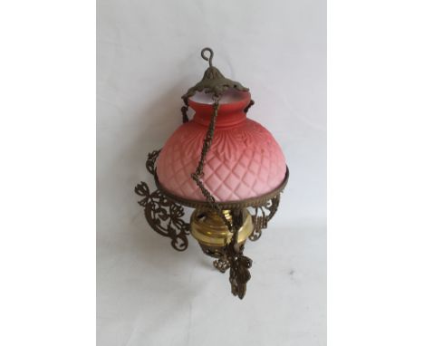 A VICTORIAN HANGING OIL LAMP, with Satin Cranberry glass shade