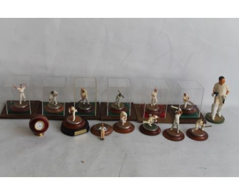 TWELVE MINIATURE METAL CRICKET FIGURES (SOME DISPLAY CASES), to include W.G.Grace, Jack Hobbs, Wilfred Rhodes, Harold Larwood