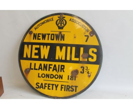 A PRE WAR CIRCULAR ENAMEL VILLAGE SIGN, New Mills Newtown 7 miles, Llanfair 3 3/4 miles and London 181 miles Condition Report