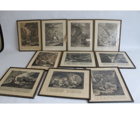 RIDINGER - A QUANTITY OF FRAMED ENGRAVINGS, continental hunting scenes by Martin El. Ridinger after J. El Ridinger etc.  (9)