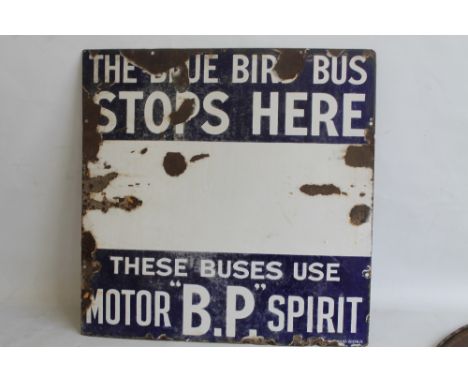 B.P MOTOR SPIRIT/ BLUE BIRD BUS COMPANY. early 20th century enamel advertising sign 61 cm x 61 cm Condition Report:AREAS OF S