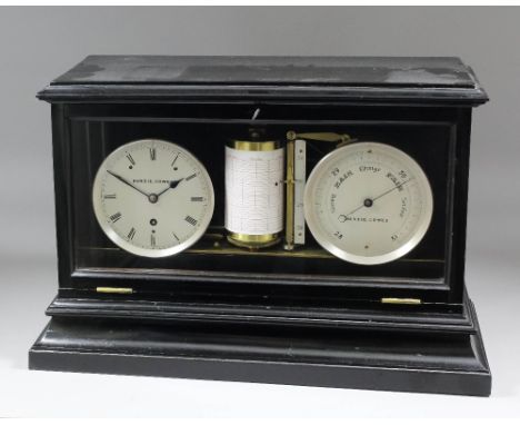 A late Victorian weather station by Benzie of Cowes (Isle of Wight), comprising - Clock with 4.75ins diameter silvered dial w