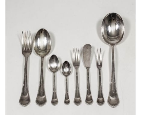 A 20th Century German silvery metal table service, comprising six table forks, six table spoons, six tea spoons, five coffee 